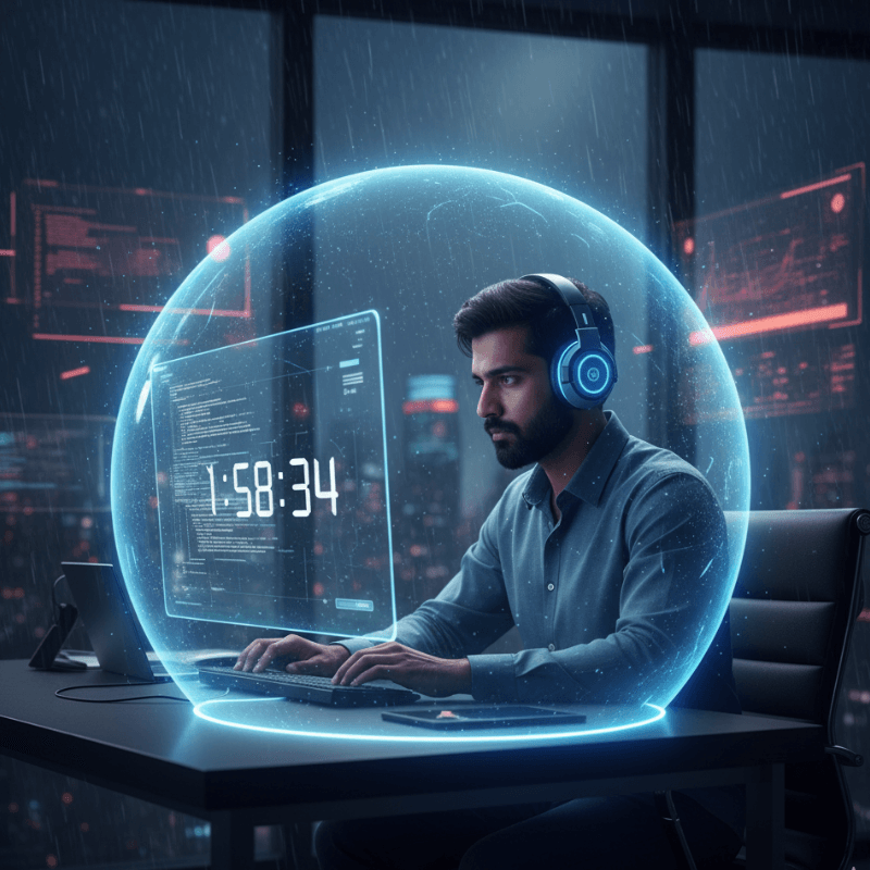 A focused man wearing blue headphones and a dark blue shirt is sitting at a desk, intensely typing on a keyboard, surrounded by a glowing blue circular energy shield (focus zone). The screen shows a digital timer at '01:58:34', symbolizing deep work and distraction blocking.