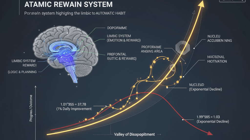 Neuroscience chart of dopamine reward systems and exponential growth curves for successful micro-habits for personal development.