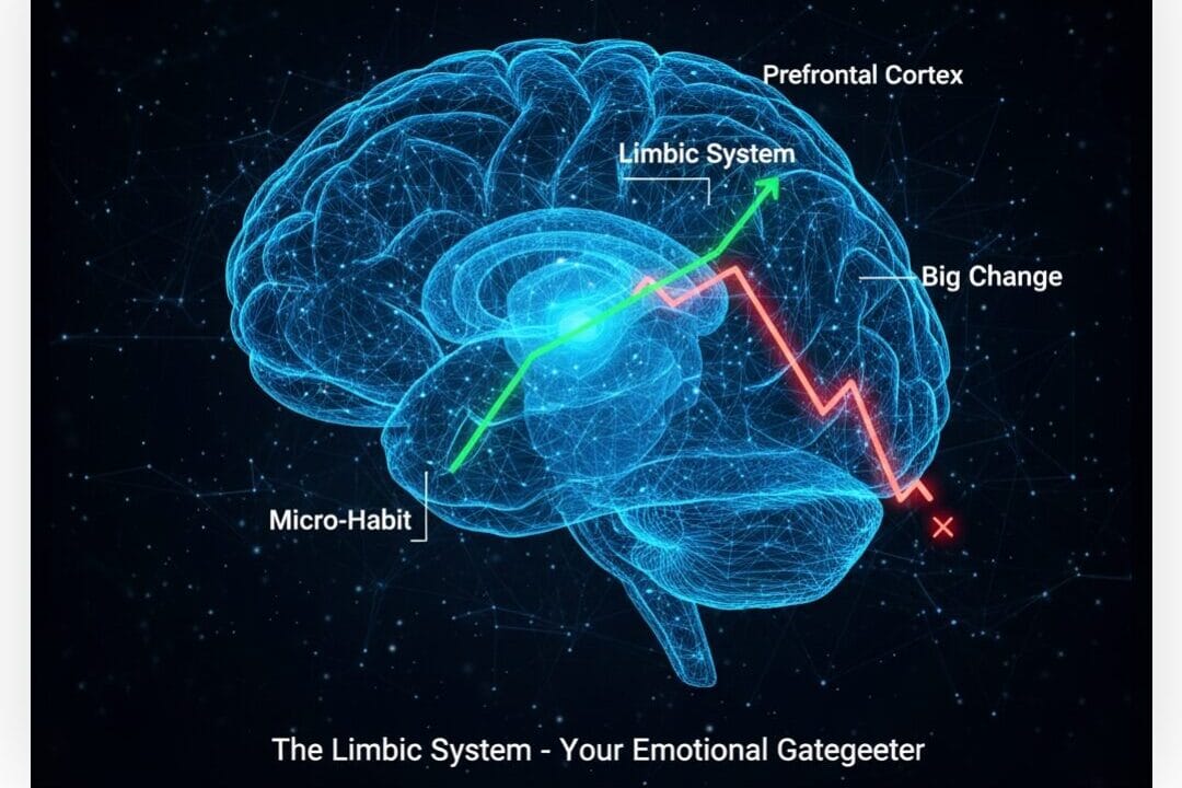 Human brain diagram showing how micro-habits for personal development overcome limbic friction for big changes.