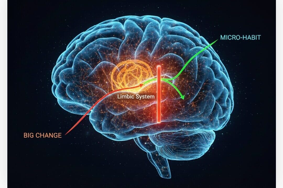 Glowing brain illustration explaining the neural pathways of micro-habits for personal development and behavioral shifts.