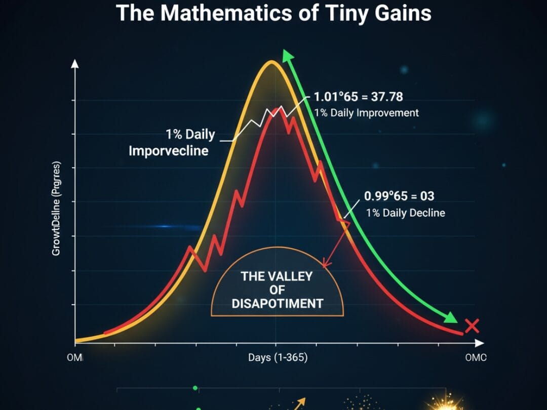 Graph showing the valley of disappointment and compound effect of micro-habits for personal development over 365 days.
