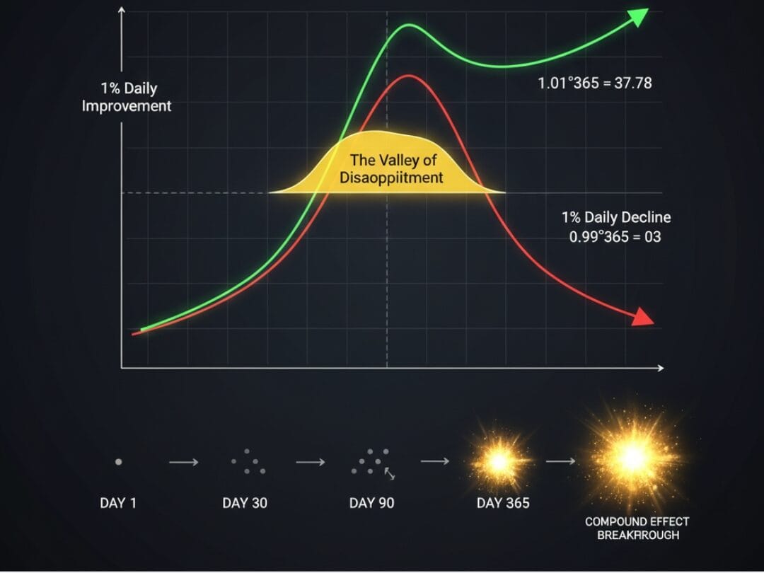 Upward growth curve with a calendar representing long-term identity shift through consistent micro-habits for personal development.