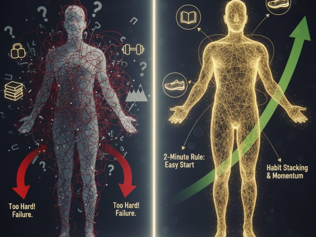 Visual comparison of failure due to hard tasks versus success using the 2-minute rule and micro-habits for personal development.
