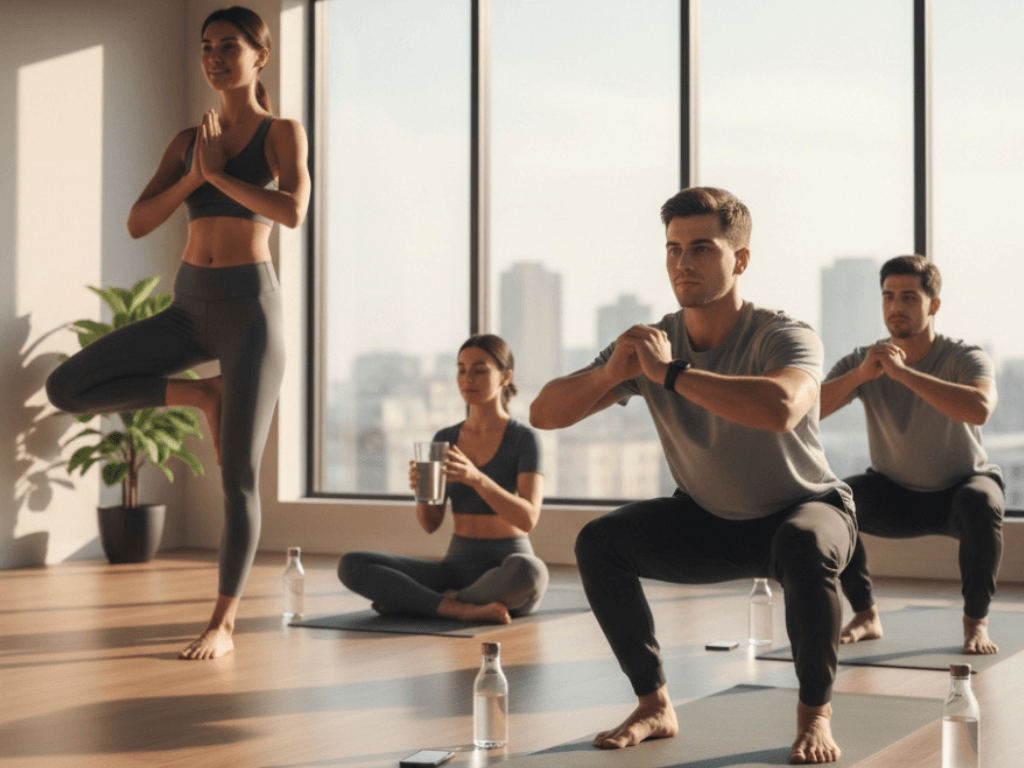 People practicing yoga and squats in a bright gym as part of a healthy daily routine for success.
