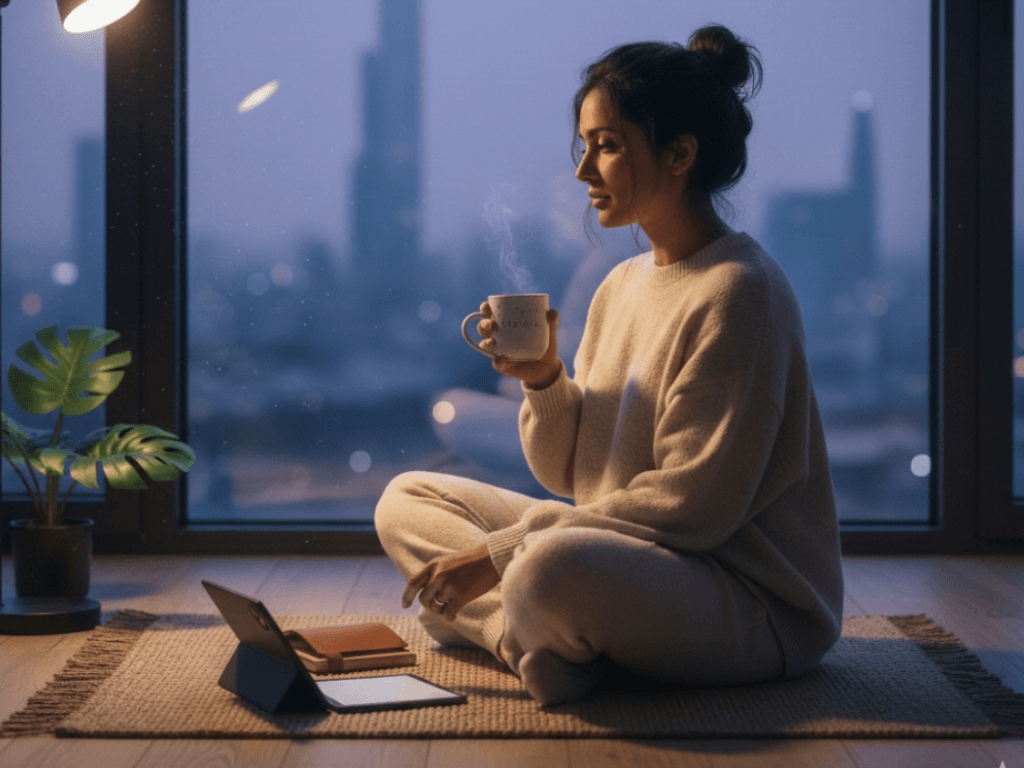 A woman reflecting on her goals at night, which is a crucial part of a daily routine for success.