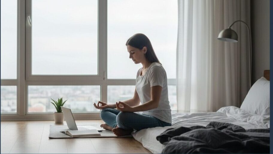 A woman practicing digital detox and meditation, showing how to plan a daily routine for success without distractions.