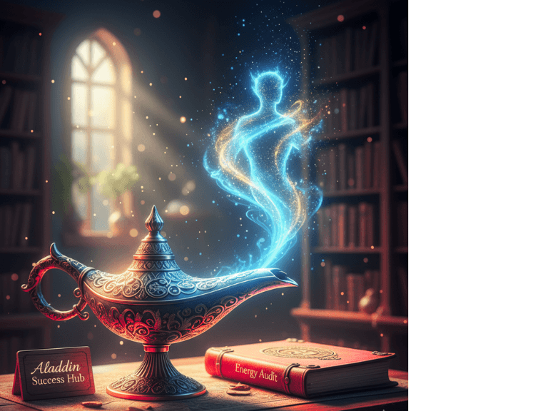 Aladdin Success Hub magical lamp representing personal energy audit and productivity transformation.