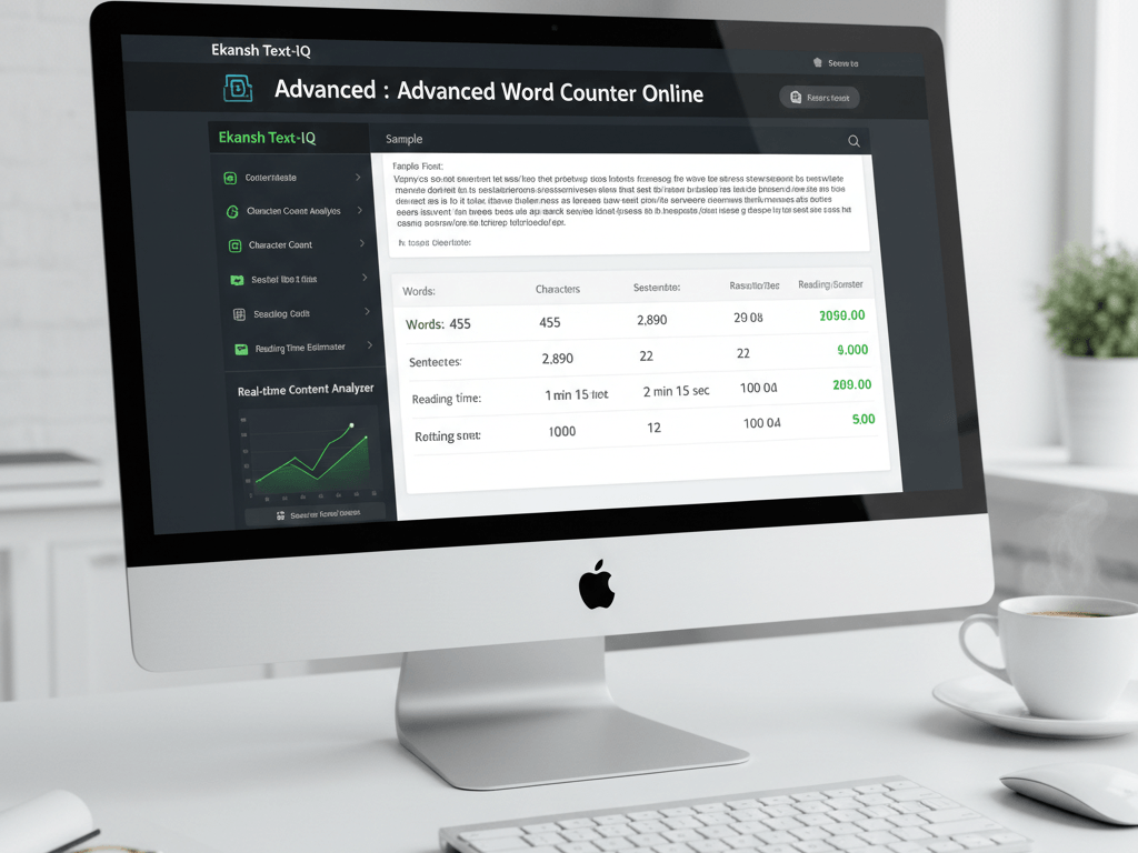 Advanced Word Counter Online interface by Ekansh Text-IQ on a desktop screen