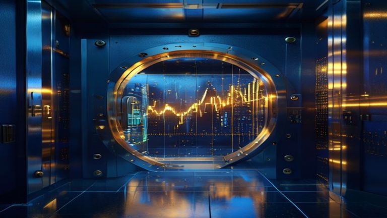 Red downward market trend charts overlaying banking sector stock price indices and financial tickers.