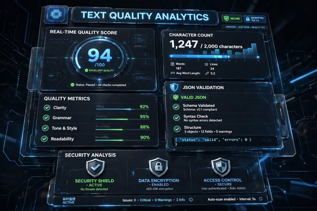 ​ai content quality checker tool interface displaying text quality analytics, character count, and json validation metrics