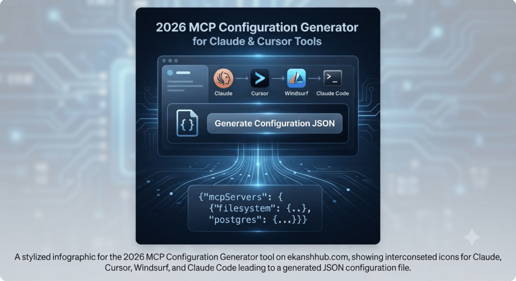 ​A stylized infographic for the 2026 MCP Configuration Generator tool on ekanshhub.com, showing interconnected icons for Claude, Cursor, Windsurf, and Claude Code leading to a generated JSON configuration file.