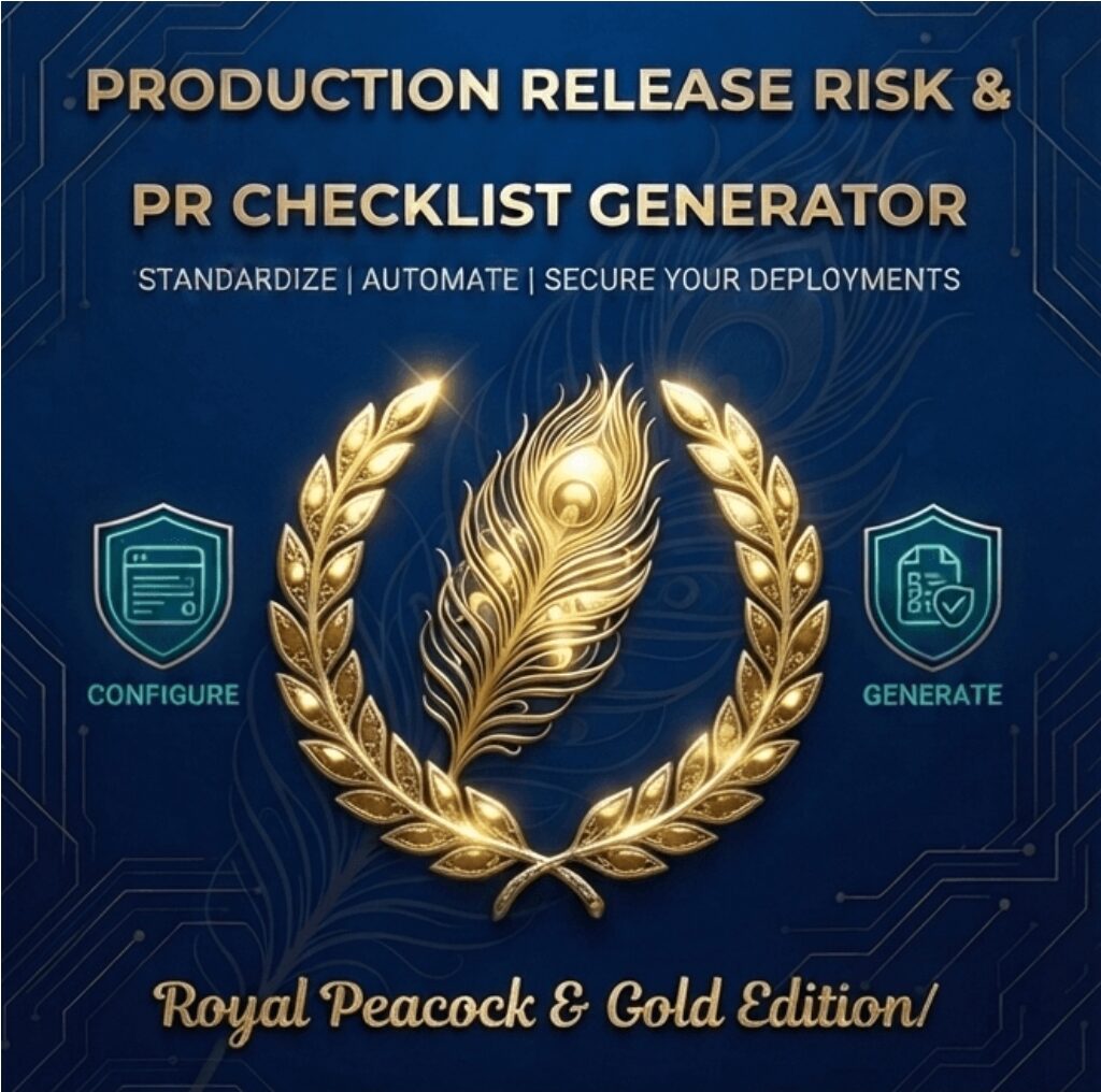 Production Release Risk & PR Checklist Generator Royal Peacock Edition Banner showing a golden peacock feather and security shields.